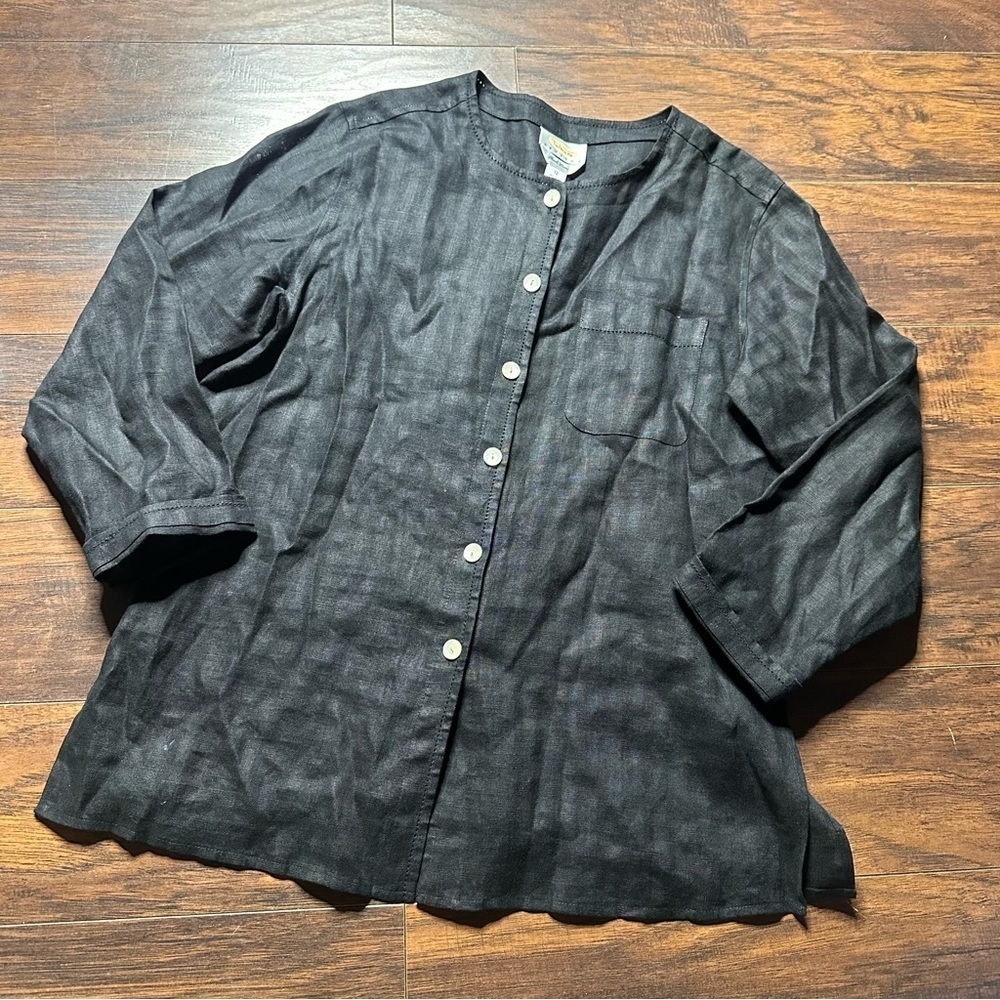 Talbots Black Button-Front Linen-Blend Tunic
